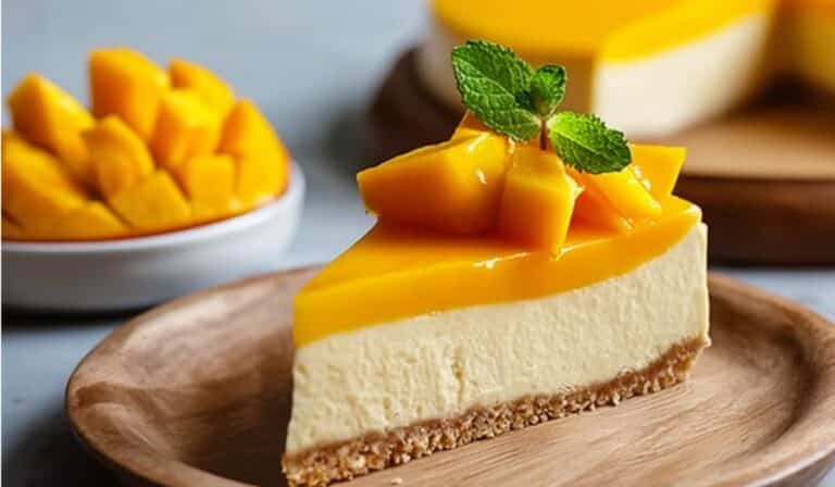 Mango cheesecake slice with fresh mango topping on wooden plate