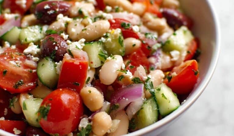 Mediterranean White Bean Salad with tomatoes, cucumbers, and white beans
