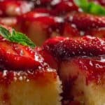 Strawberry Upside Down Cake with caramelized strawberry topping and mint garnish