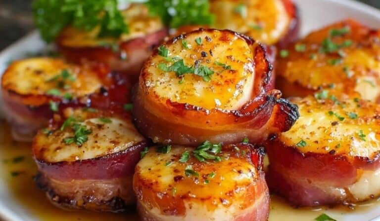 Bacon-Wrapped Scallops plated with golden crispy bacon and fresh parsley