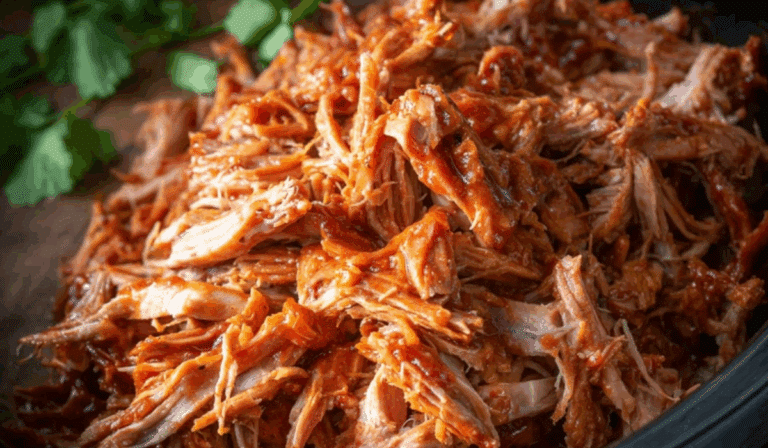BBQ Pulled Pork Crockpot shredded on plate with smoky sauce