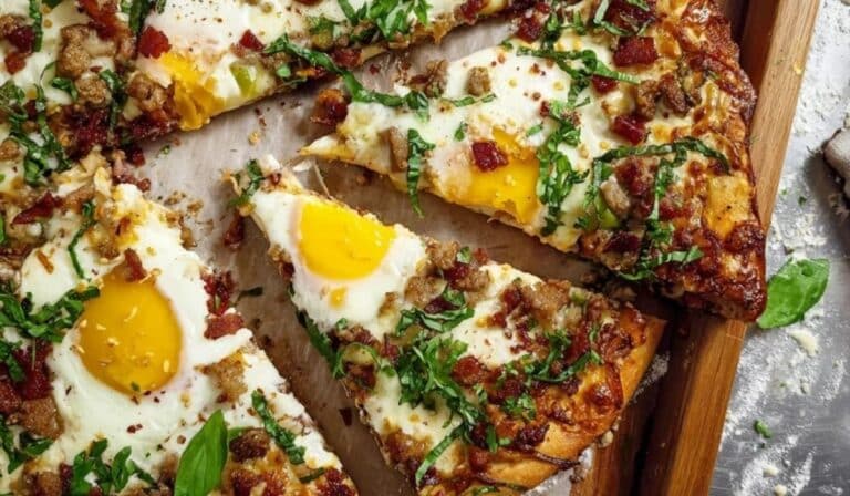 Brunch Pizza with Eggs topped with bacon, sausage, and sunny-side-up eggs