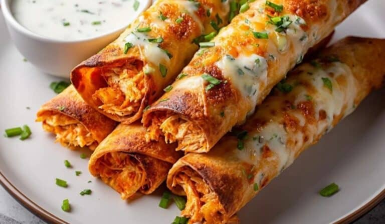 Buffalo Chicken Taquitos served crispy with melted cheese and ranch dip