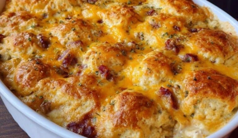 Chicken Bubble Biscuit Bake Casserole topped with melted cheddar cheese in a white baking dish