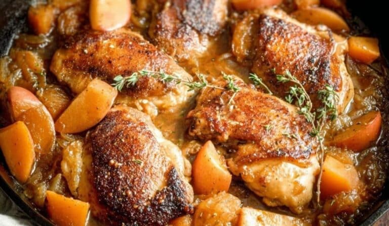 Apple Cider Chicken with Butternut Squash in a cast-iron skillet with caramelized glaze