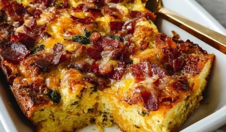 Bacon Cheddar Breakfast Strata in a white casserole dish with crispy bacon topping