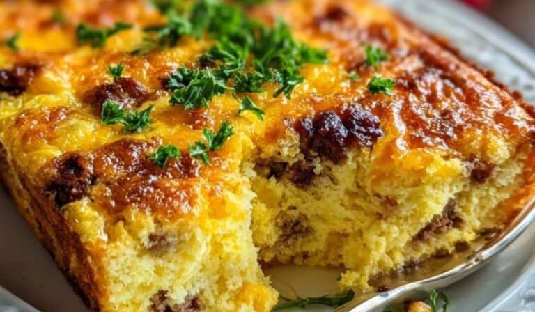 Cornbread Breakfast Casserole with sausage, eggs, and melted cheese in a baking dish