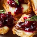 Cranberry Brie Bites topped with fresh cranberry sauce and rosemary