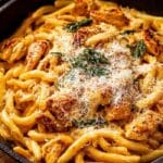 Creamy Cajun Chicken Pasta in a cast iron skillet with melted parmesan