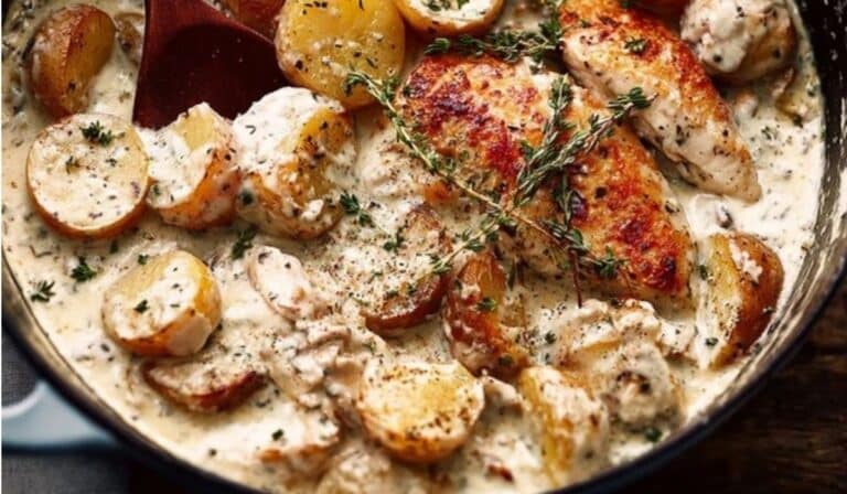 Featured Dutch Oven Creamy Ranch Chicken and Potatoes in red pot