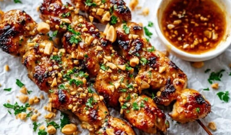 Grilled Asian Chicken Skewers with Honey Garlic topped with crushed peanuts and herbs