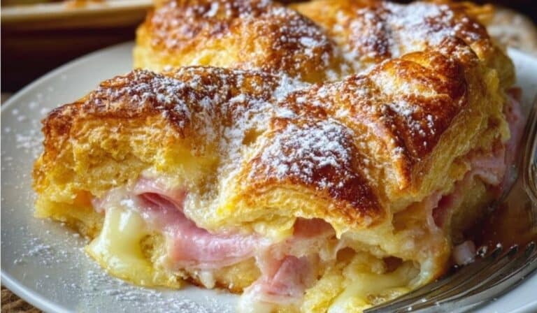 Ham and Swiss Croissant Casserole with golden crispy top and melty cheese