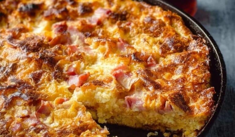 Ham Breakfast Casserole golden brown and fresh from oven