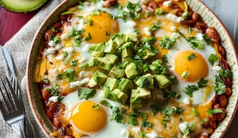 Huevos Rancheros Casserole topped with avocado, cheese, and fresh cilantro in a rustic bowl
