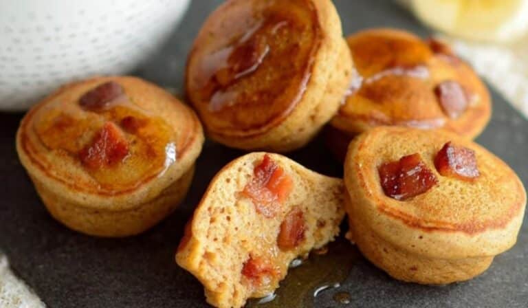 Maple Pancake Poppers with syrup and bacon pieces