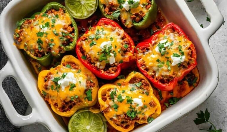 Mexican-Style Stuffed Peppers in a white baking dish topped with melted cheese and fresh parsley