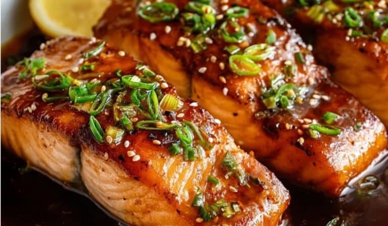 Quick Baked Teriyaki Salmon with sesame glaze and green onions