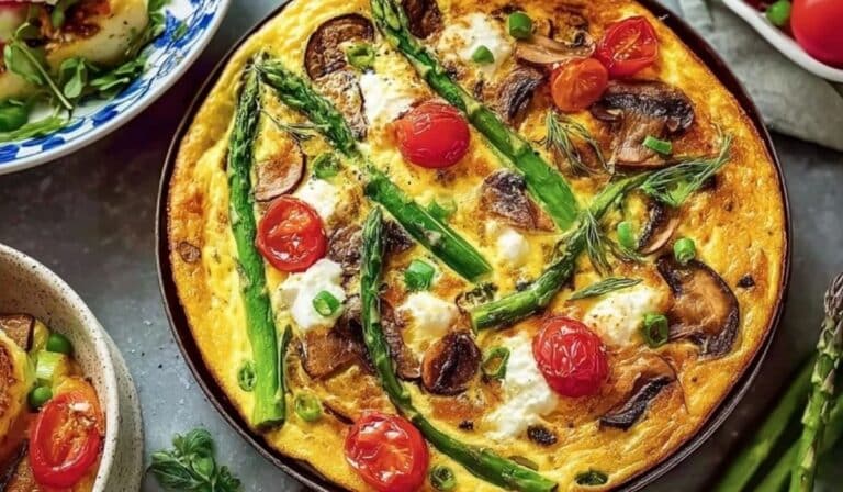 Featured image of Spring Vegetable Frittata with asparagus, tomatoes, and mushrooms