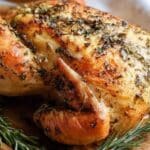 Herbes De Provence Roasted Chicken on wooden board with crispy skin