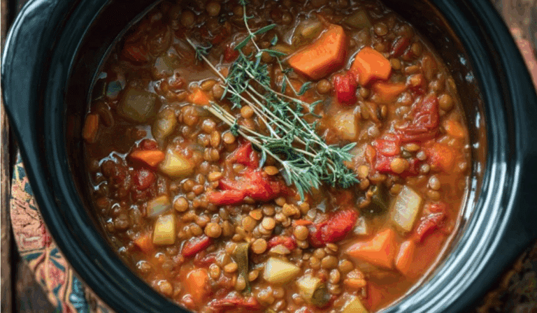 Hearty Lentil Vegetable Stew Crockpot in black slow cooker