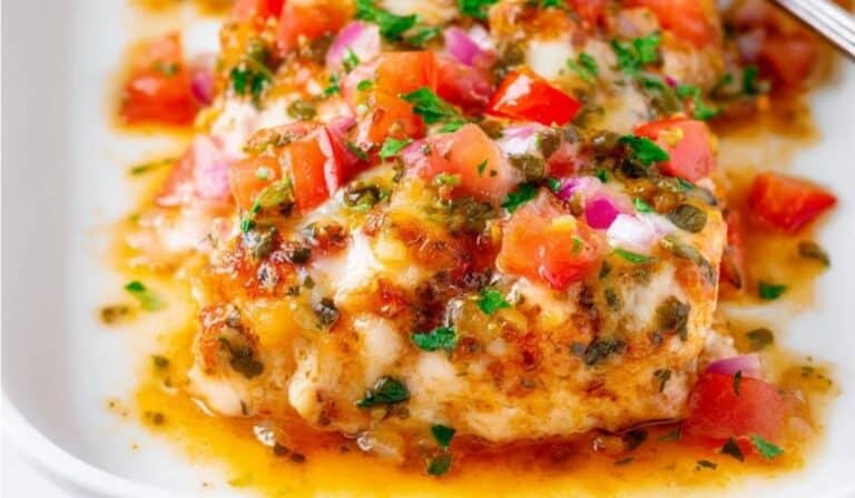 Salsa Fresca Chicken Bake served with melted cheese and fresh herbs