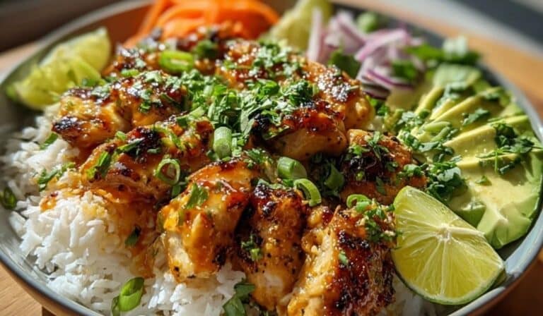 Spicy Maple and Chicken Coconut Rice with glazed chicken, coconut rice, avocado, and lime