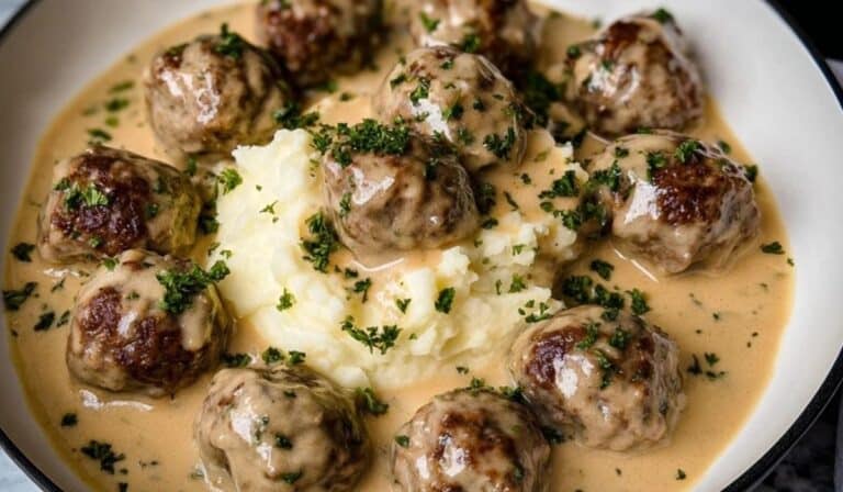 Swedish Meatballs served with mashed potatoes and creamy gravy