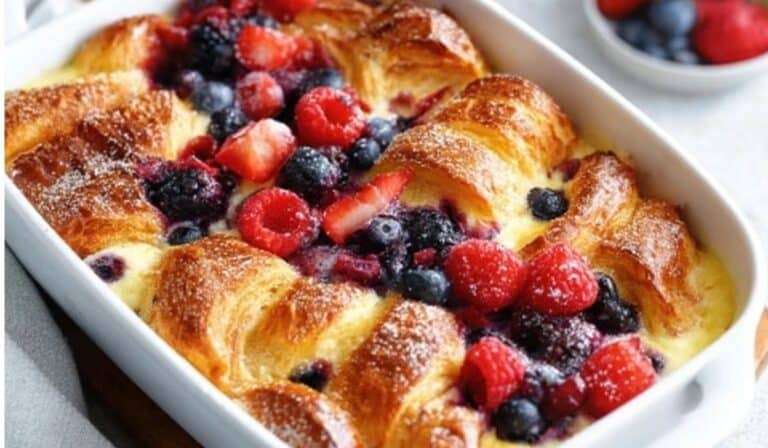Berry Croissant Bake in a white ceramic dish with mixed berries