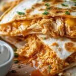 Buffalo Chicken Quesadillas stacked with melted cheese and spicy chicken