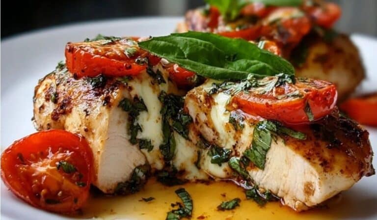 Caprese Stuffed Chicken with mozzarella, tomatoes, and basil