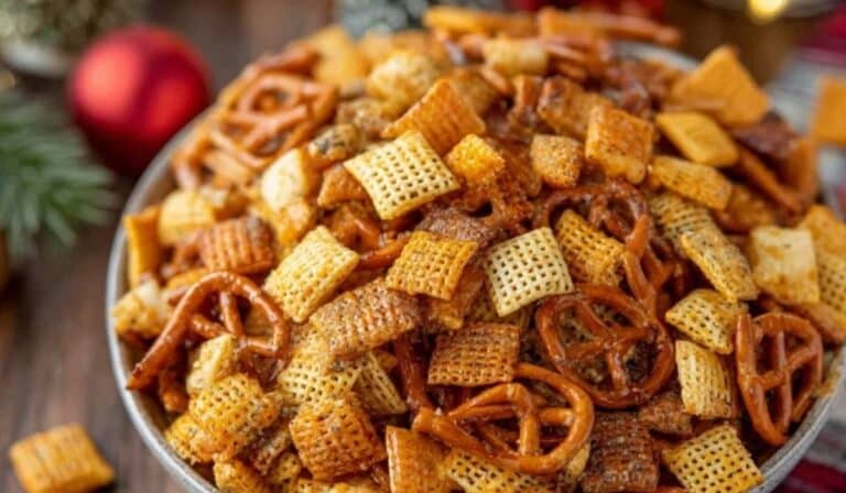 Cheesy Ranch Chex Mix in holiday bowl with pretzels and cheddar crackers