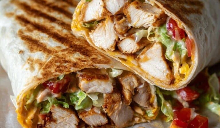 Chipotle Ranch Grilled Chicken Burrito sliced open with juicy grilled chicken, lettuce, cheese, and chipotle ranch