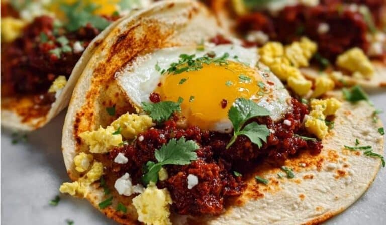 Chorizo and Egg Tacos with sunny-side egg and cilantro