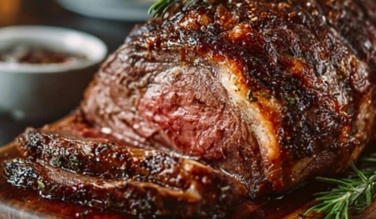 Classic Christmas Prime Rib roast with crusted exterior and juicy pink center