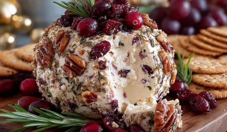 Cranberry Pecan Goat Cheese Ball served on a festive platter with crackers and rosemary
