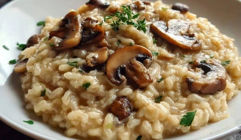 Creamy Mushroom Risotto served in a white bowl with sautéed mushrooms
