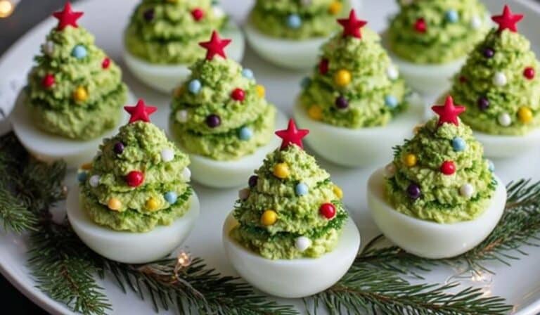 Deviled Egg Christmas Trees styled with red stars and festive garnishes on a white plate