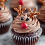 Easy Reindeer Cupcakes with chocolate frosting and pretzel antlers