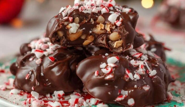 5 Minute Christmas Crock Pot Candy topped with crushed peppermint and peanuts on a festive plate