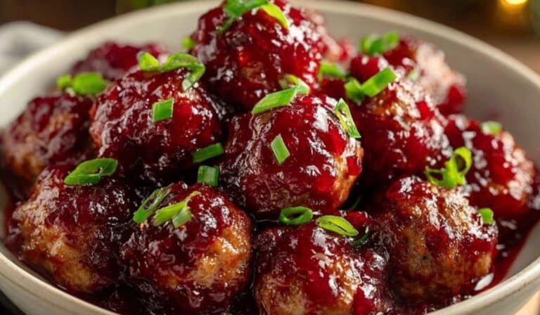 Best Christmas Cranberry Meatballs glazed with festive cranberry sauce