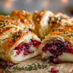 Brie Cheese and Cranberry Christmas Wreath baked to golden perfection on wooden board
