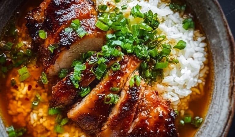Caramelised Soy Chicken in Garlic Ginger Broth with Rice served in rustic bowl
