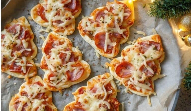 Christmas Tree Mini Pizza baked with pepperoni and cheese on festive tray