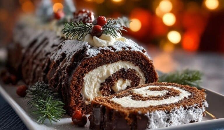 Christmas Yule Log Cake with cream swirl and holiday decor