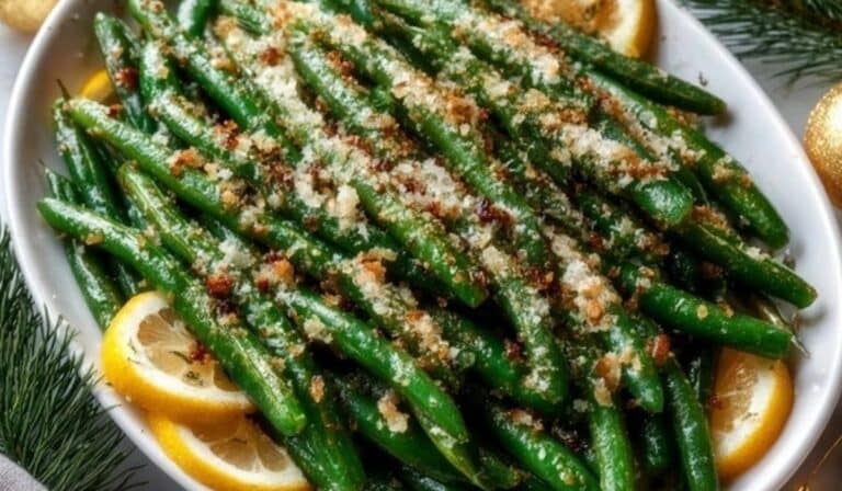Crispy Oven Baked Green Beans with Parmesan garnished with lemon and breadcrumbs