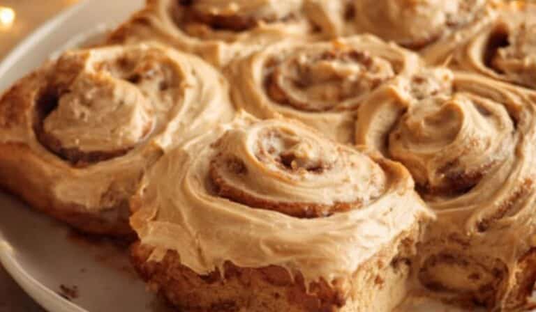 Fluffy Gingerbread Cinnamon Rolls with cream cheese frosting on a white plate