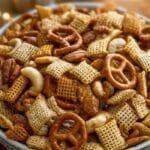 Homemade Chex Mix in a festive serving bowl