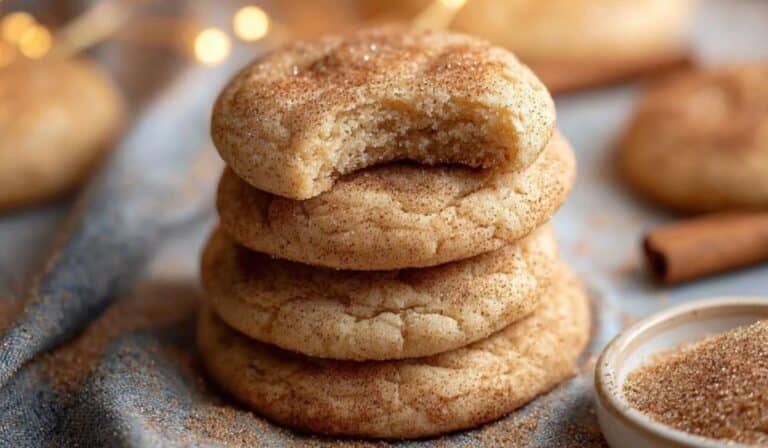 Irresistibly Soft Snickerdoodle Cookies stacked with bite showing soft texture