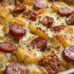 Kielbasa Sausage Cheesy Potato Casserole baked until golden and bubbling