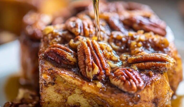 Overnight Pecan Pie French Toast with maple syrup drizzle